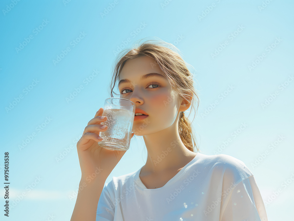 beautiful young girl is drinking a glass of clean water , cleaR BLUE SKY BACKGROUND beautiful young girl is drinking a glass of clean water , cleaR BLUE SKY BACKGROUND