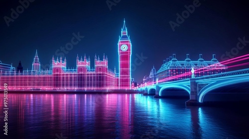 Holographic Big Ben, augmented reality clock tower, neon Thames river, futuristic London
