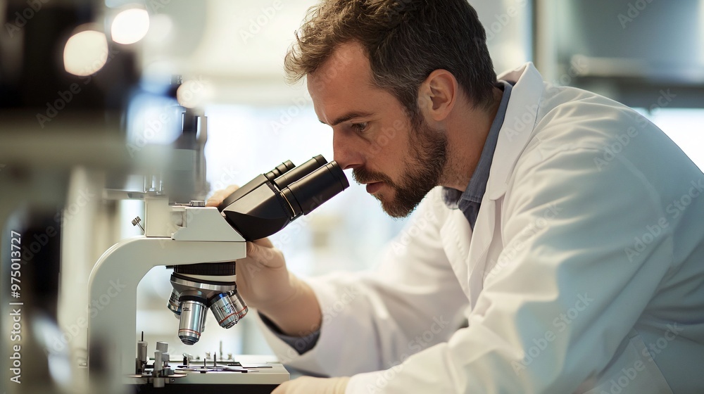 scientist in a lab coat analyzing samples under a microscope in a modern laboratory, copy space scientist in a lab coat analyzing samples under a microscope in a modern laboratory, copy space