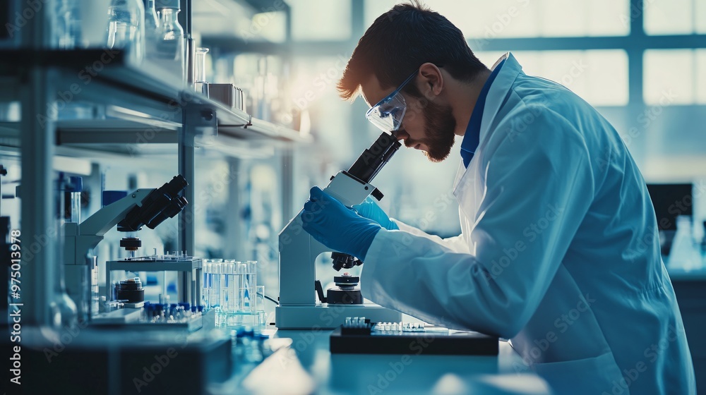 scientist in a lab coat analyzing samples under a microscope in a modern laboratory, copy space scientist in a lab coat analyzing samples under a microscope in a modern laboratory, copy space