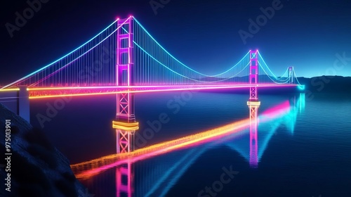 Holographic Golden Gate Bridge, digital overlay, neon reflections on water, futuristic San Francisco