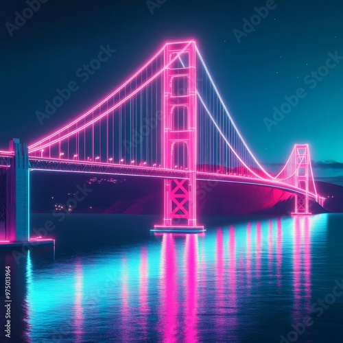 Holographic Golden Gate Bridge, digital overlay, neon reflections on water, futuristic San Francisco