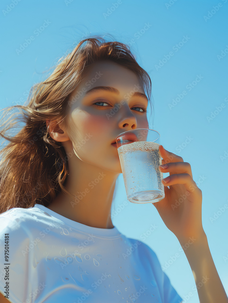 beautiful young girl is drinking a glass of clean water , cleaR BLUE SKY BACKGROUND beautiful young girl is drinking a glass of clean water , cleaR BLUE SKY BACKGROUND