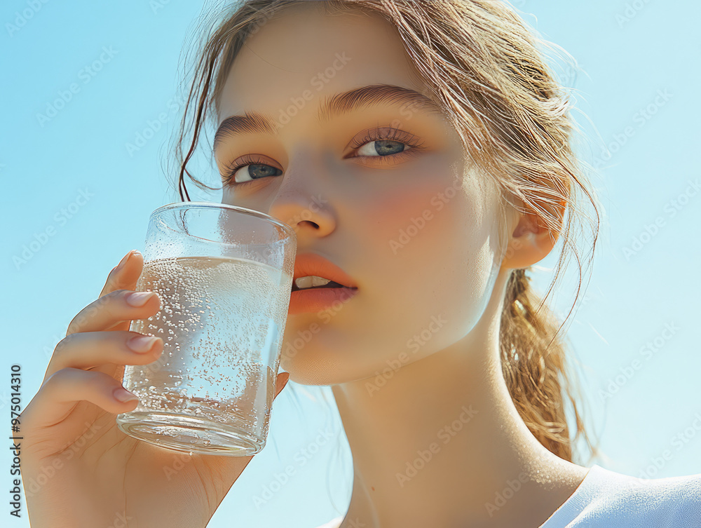 beautiful young girl is drinking a glass of clean water , cleaR BLUE SKY BACKGROUND beautiful young girl is drinking a glass of clean water , cleaR BLUE SKY BACKGROUND