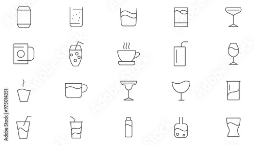 Drink line icon set. Beer, wine, cocktail, champagne glass, wineglass icons, plastic cup, glass, barrel, cheese, pub, bar line icon set. UI thin line icon pack.