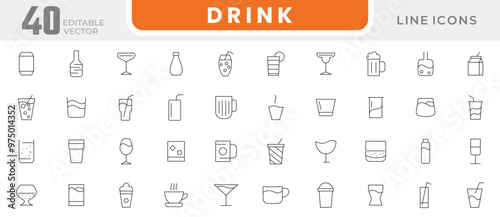 Drink line icon set. Beer, wine, cocktail, champagne glass, wineglass icons, plastic cup, glass, barrel, cheese, pub, bar line icon set. UI thin line icon pack.