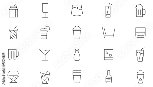 Drink line icon set. Beer, wine, cocktail, champagne glass, wineglass icons, plastic cup, glass, barrel, cheese, pub, bar line icon set. UI thin line icon pack.