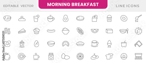 Morning breakfast line icon set. Breakfast, morning food, drinks, toast, scrambled eggs, rise, early feast, fried egg, peanut line icon set. UI thin line icon pack.