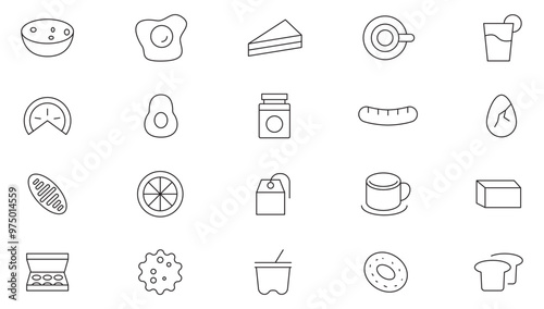 Morning breakfast line icon set. Breakfast, morning food, drinks, toast, scrambled eggs, rise, early feast, fried egg, peanut line icon set. UI thin line icon pack.