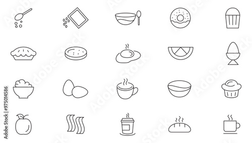 Morning breakfast line icon set. Breakfast, morning food, drinks, toast, scrambled eggs, rise, early feast, fried egg, peanut line icon set. UI thin line icon pack.