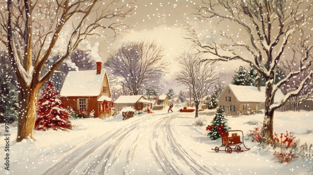 Naklejka premium A Snowy Winter Village Street Scene with Christmas Decor