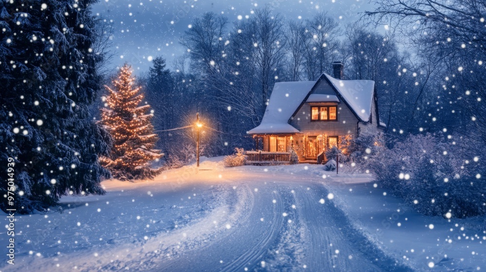 Naklejka premium A Snow-Covered House with a Christmas Tree and Lights