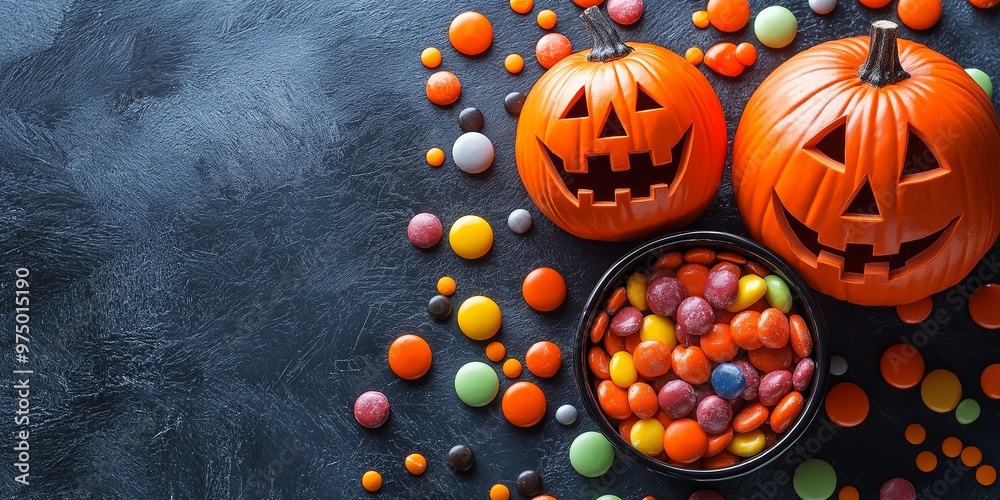 Two carved Halloween pumpkins with colorful candy scattered around and a bowl of assorted candies on a dark textured background. Two carved Halloween pumpkins with colorful candy scattered around and a bowl of assorted candies on a dark textured background.