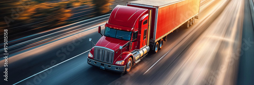 Dynamic shot of a red truck on a highway, moving rapidly against the background of a colorful sunset sky.