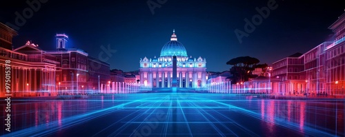 Holographic Vatican square, digital glow, neon Rome skyline
