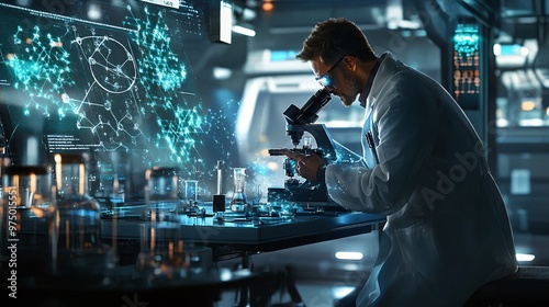 A scientist in a lab coat analyzing samples under a microscope in a modern laboratory, copy space