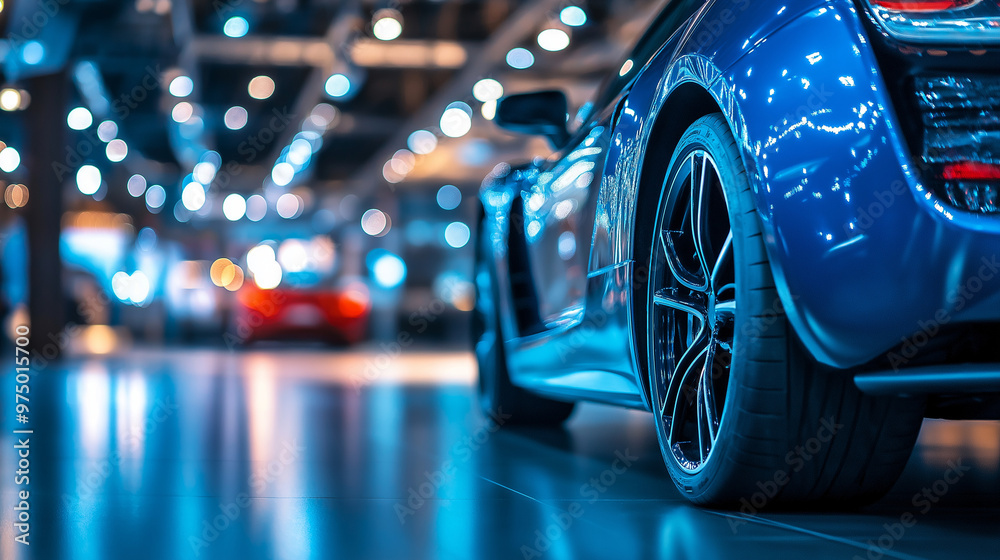Blue sports car with dynamic design and sharp lines displayed in a brightly lit automotive showroom. A perfect blend of speed, style, and cutting-edge technology. Blue sports car with dynamic design and sharp lines displayed in a brightly lit automotive showroom. A perfect blend of speed, style, and cutting-edge technology.