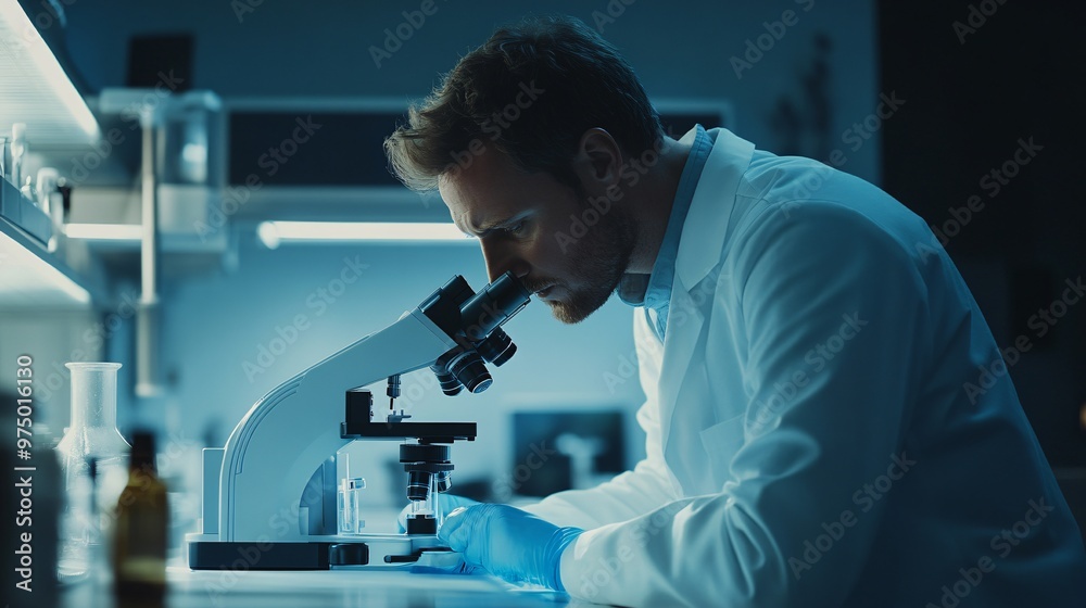 A scientist in a lab coat analyzing samples under a microscope in a modern laboratory, copy space A scientist in a lab coat analyzing samples under a microscope in a modern laboratory, copy space