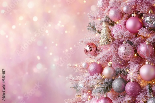 Shimmering Pink Christmas Tree with Ornaments and Soft Glowing Lights photo