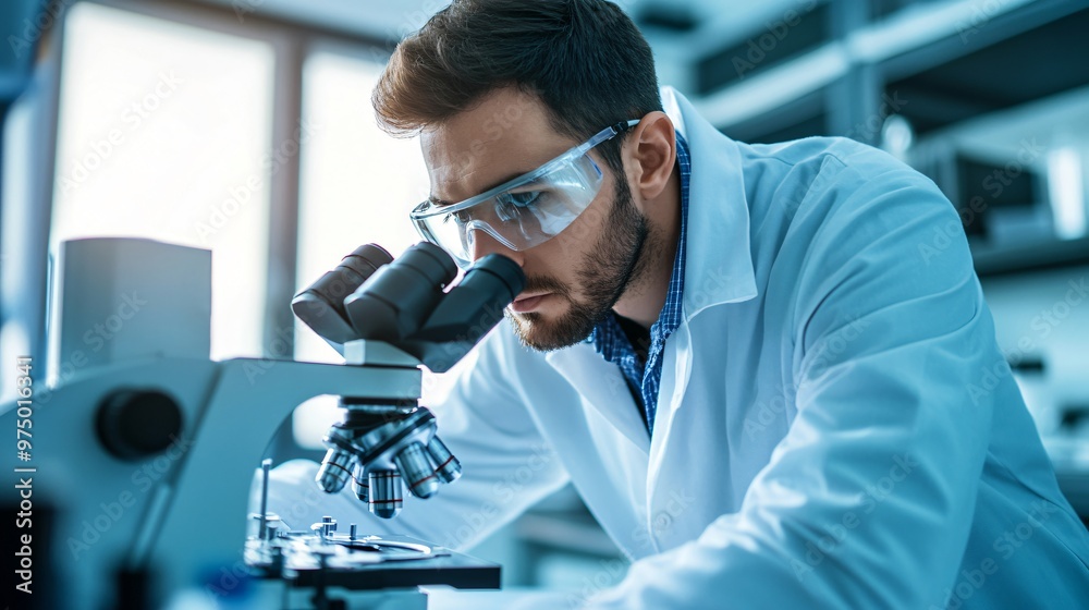 scientist in a lab coat analyzing samples under a microscope in a modern laboratory, copy space scientist in a lab coat analyzing samples under a microscope in a modern laboratory, copy space