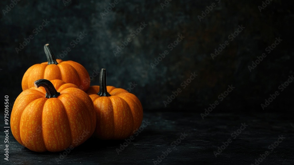 Three Halloween pumpkins with multicolored glow on a dark background. A picture with a place for text. Three Halloween pumpkins with multicolored glow on a dark background. A picture with a place for text.