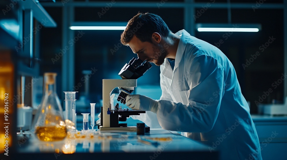 A scientist in a lab coat analyzing samples under a microscope in a modern laboratory, copy space A scientist in a lab coat analyzing samples under a microscope in a modern laboratory, copy space