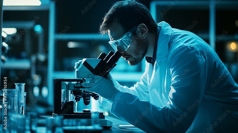 A scientist in a lab coat analyzing samples under a microscope in a modern laboratory, copy space A scientist in a lab coat analyzing samples under a microscope in a modern laboratory, copy space