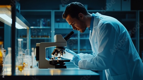 A scientist in a lab coat analyzing samples under a microscope in a modern laboratory, copy space