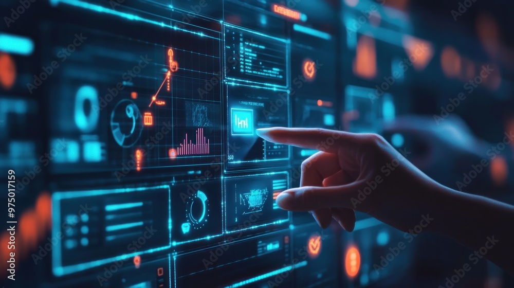 A hand reaches out to touch a glowing blue button on a digital display with various data visualizations. A hand reaches out to touch a glowing blue button on a digital display with various data visualizations.