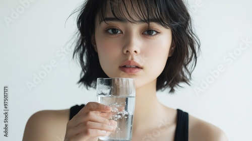  A beautiful Japanese woman is drinking water from a glass, against a white background,