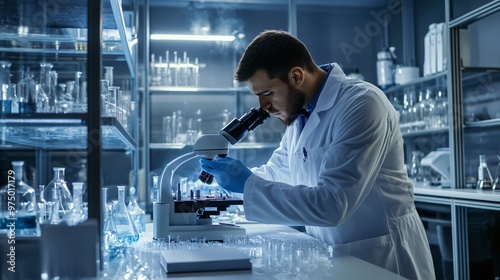 A scientist in a lab coat analyzing samples under a microscope in a modern laboratory, copy space