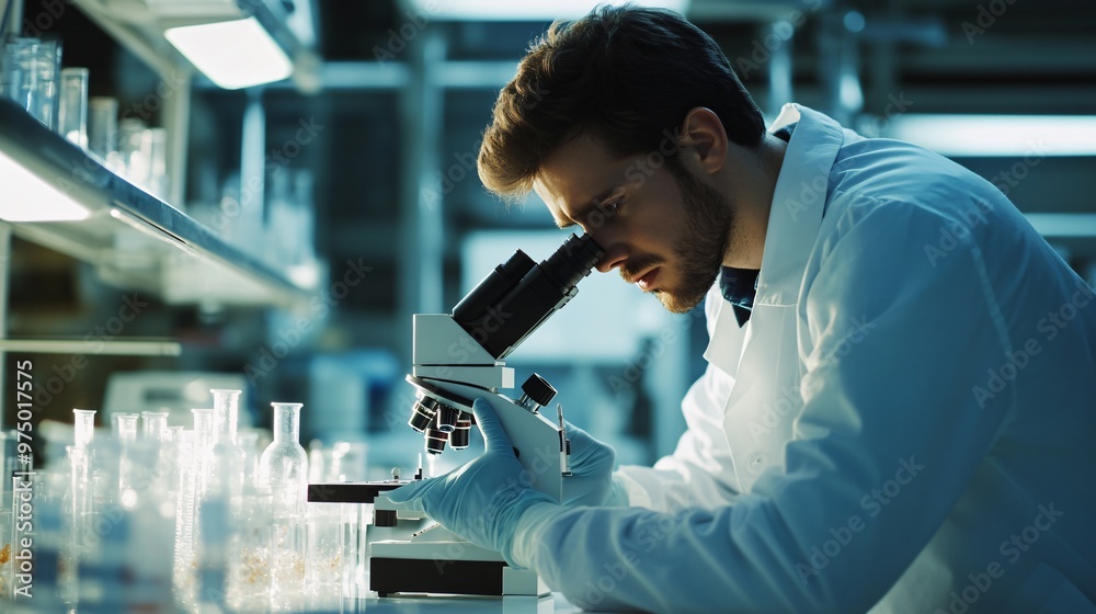 A scientist in a lab coat analyzing samples under a microscope in a modern laboratory, copy space A scientist in a lab coat analyzing samples under a microscope in a modern laboratory, copy space