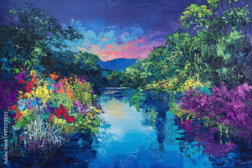 A vibrant river scene with a gradient sky transitioning from a bright turquoise near the horizon to a deep indigo above. The river reflects these colors, with lush green vegetation and colorful wildfl photo