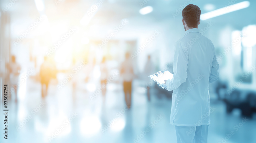 illustration of the male doctor is standing and monitoring the patients in icu and ER ward light color background 