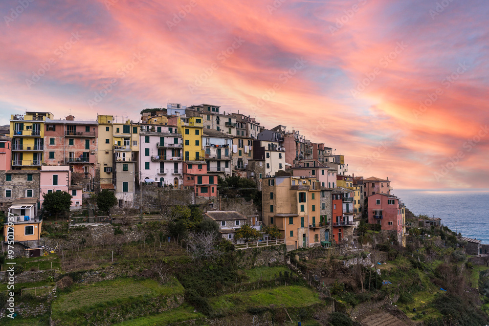Obraz premium Scenic view of Coniglia village at sunset. Coniglia is located in Cinque Terre, Italy