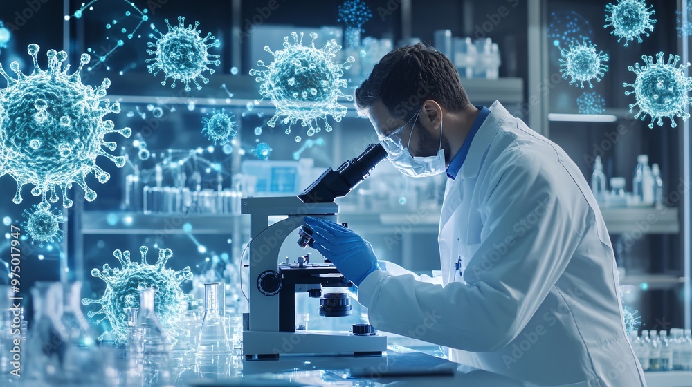 A scientist in a lab coat analyzing samples under a microscope in a modern laboratory, copy space A scientist in a lab coat analyzing samples under a microscope in a modern laboratory, copy space