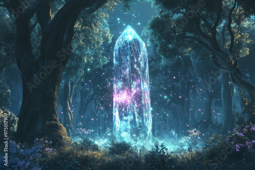 A mystical forest clearing where the trees are tall and ancient, their bark glowing in soft, silvery hues. In the center of the clearing, a large, glowing crystal pulses with energy, casting multicolo photo