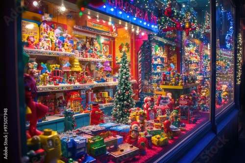 Festive Christmas Toy Store Window Display in Vibrant Colorful City Lights