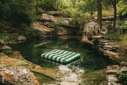 A rustic swimming pool surrounded by natural stone and greenery. A green and white striped air mattress floats serenely in the water, with the surrounding nature reflected on the calm surface. The