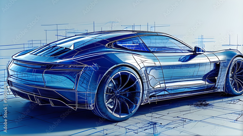 Fototapeta premium Fast Automobile Car drawing for Speed Transportation Vehicle Automotive Engineering Technology Blueprint Wireframe Aesthetic Illustration Backside