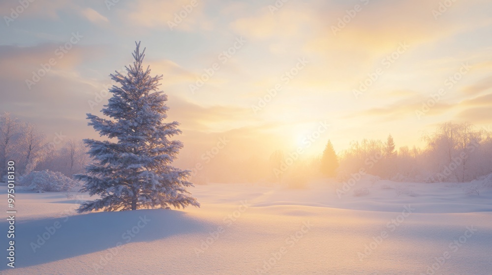 Solitary Snow-Covered Tree at Sunset in a Snowy Landscape Solitary Snow-Covered Tree at Sunset in a Snowy Landscape