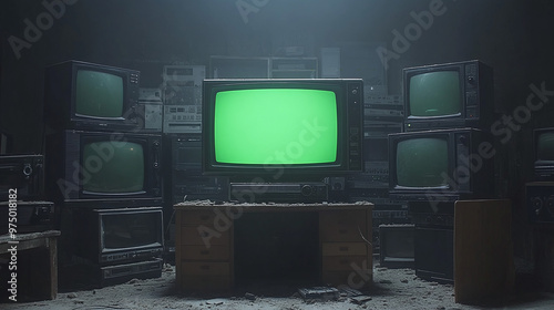 artistic 3d rendered composition stack old classic television with green screen monitors random positions in empty room dynamic composition cinematic lighting video element chroma key video element
