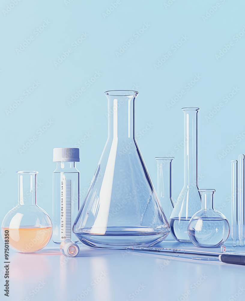 glass flasks in the lab table , white background glass flasks in the lab table , white background