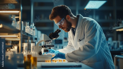 scientist in a lab coat analyzing samples under a microscope in a modern laboratory, copy space