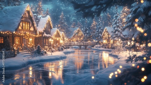 Snowy Christmas Village with a Bridge and River