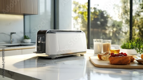 Modern toaster on marble table, sleek kitchen appliance with metallic finish, showcasing contemporary design, breakfast preparation, and home appliance aesthetic. AI generated illustration.