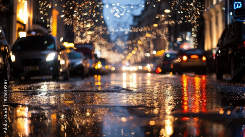 Cityscape Reflected in Wet Pavement During Rainy Night Cityscape Reflected in Wet Pavement During Rainy Night