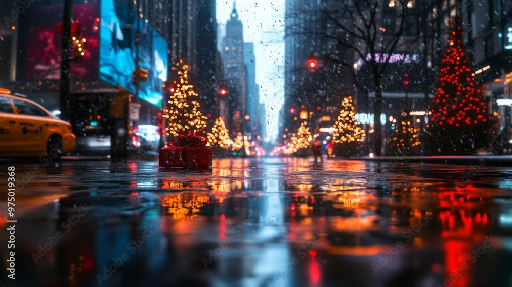 Obraz premium A Red Gift Box on a Snowy City Street at Night