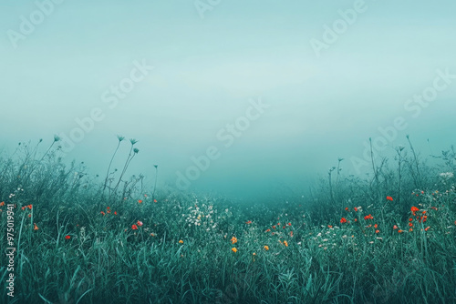 A lush meadow with a gradient sky shifting from light aqua blue at the horizon to a deep, rich teal at the zenith. The grass and wildflowers are subtly tinted with gradient tones that echo the sky`s photo