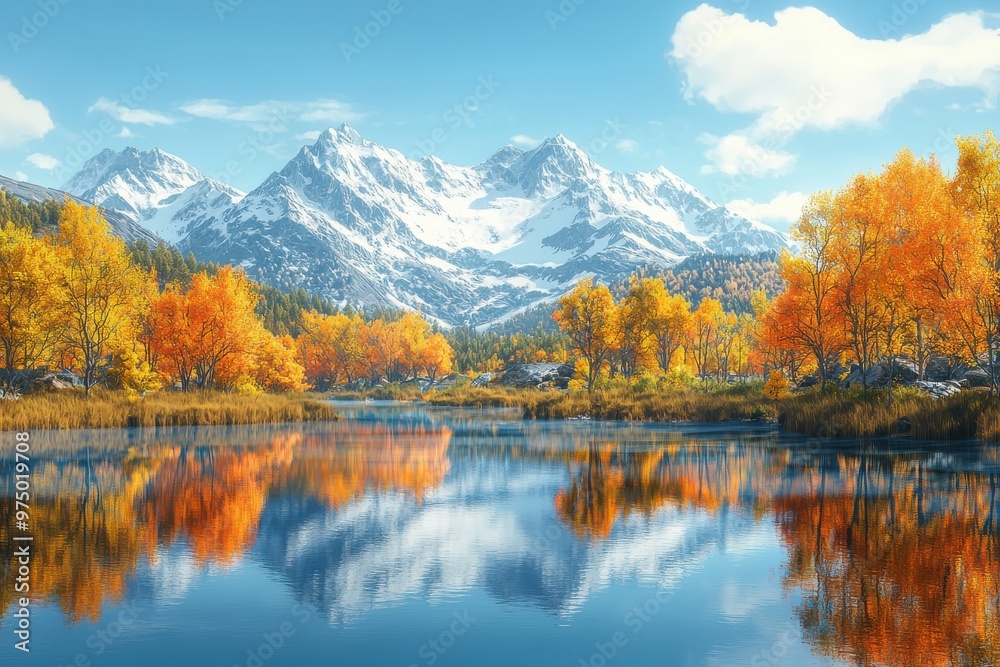 Snow-dusted mountains reflected in a crystal-clear lake surrounded by autumn trees under a bright blue sky, Ai Generation Snow-dusted mountains reflected in a crystal-clear lake surrounded by autumn trees under a bright blue sky, Ai Generation